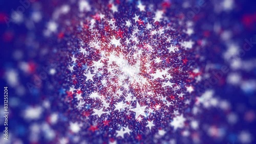 Fourth of July red, white and blue stars confetti background with a loopable section between 10 and 20 seconds. For USA American Independence Day and patriotic celebrations.
