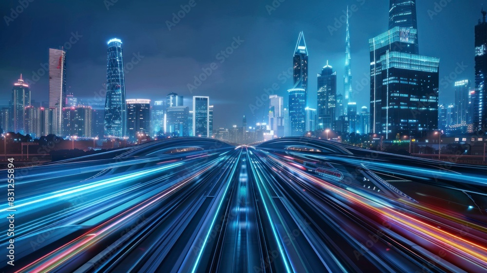 Fototapeta premium high speed train in a city with sweeping effect at night
