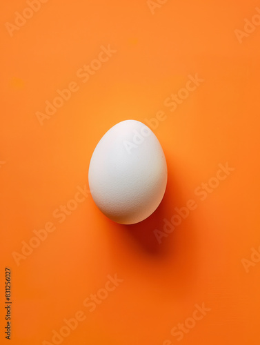 Single white egg in shell isolated on orange empty background with space for text or inscriptions, top view
