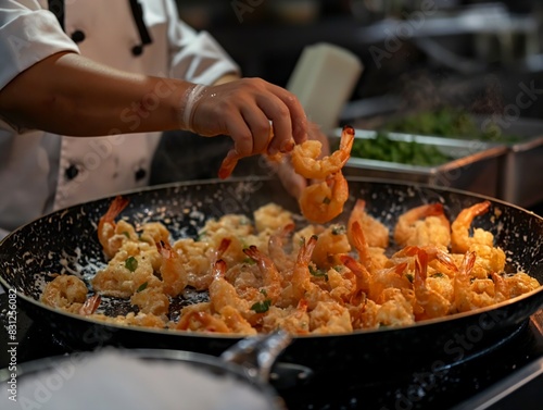 A chef is cooking shrimp in a pan. The shrimp are in various stages of cooking  with some still raw and others already cooked. The chef is using a spatula to flip the shrimp