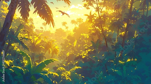 Rainforest at Morning: Draw a picture of a rainforest at dawn. By allowing sunlight to shine through large trees. Creates a crisp golden glow on leaves and trees. photo