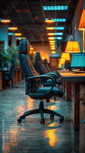 Empty office chairs and desks in a dimly lit room, symbolizing the impact of unemployment on businesses