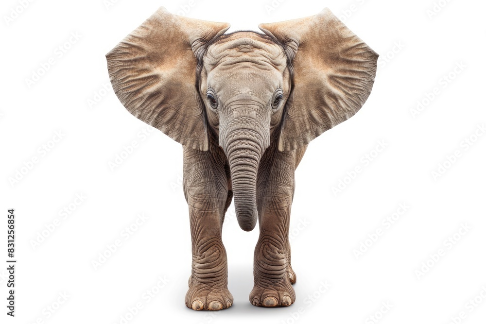 Fototapeta premium Adorable baby elephant with big ears and a small trunk isolated on white background