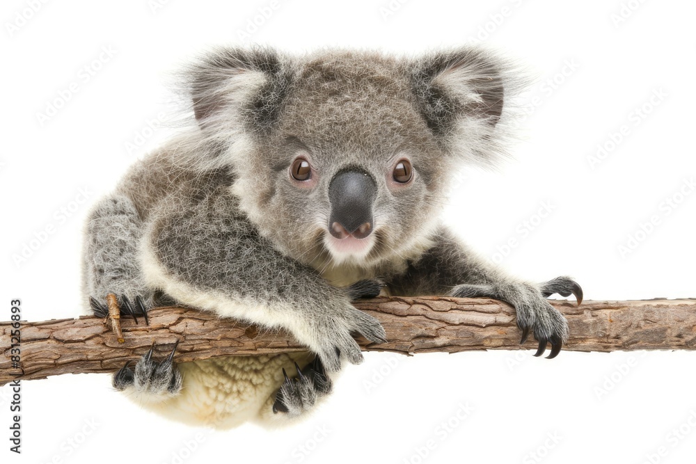 Fototapeta premium Adorable baby koala clinging to a branch isolated on white background