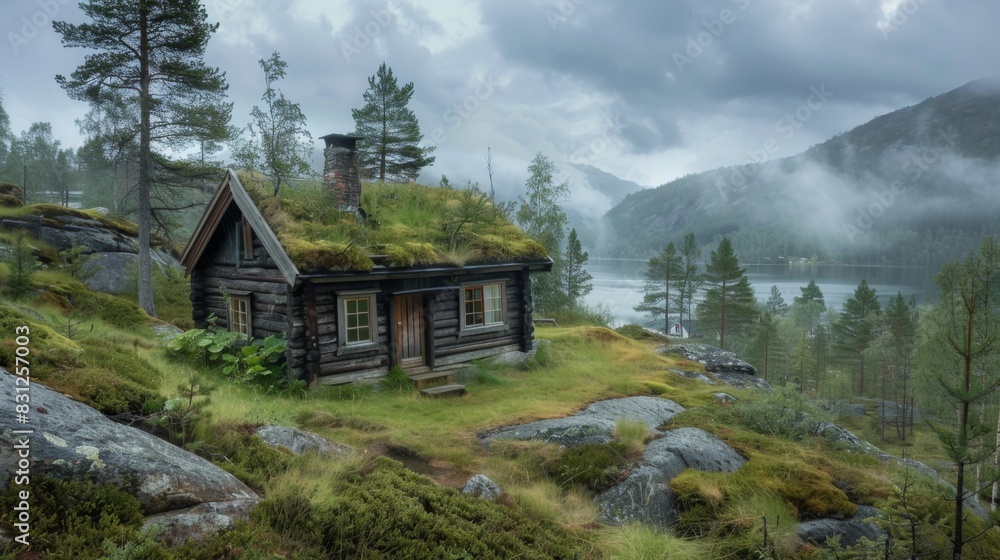 Traditional Nordic log house with a grass-covered roof, nestled in a remote wilderness area, surrounded by pristine nature and tranquility