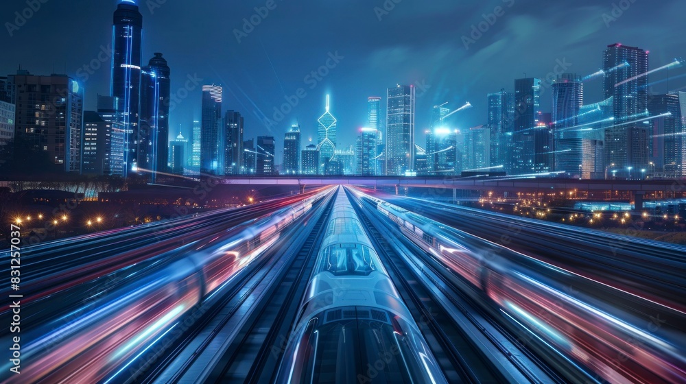 Obraz premium high speed train in a city with sweeping effect at night