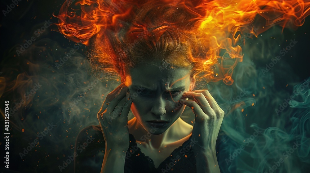 Fiery haired woman in wrath, clutching her skull, forward gaze, on a somber backdrop, embodying anger Fiery haired woman in wrath, clutching her skull, forward gaze, on a somber backdrop, embodying anger
