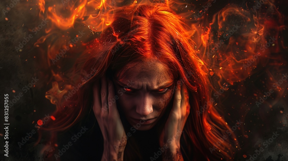Fiery haired woman in wrath, clutching her skull, forward gaze, on a somber backdrop, embodying anger Fiery haired woman in wrath, clutching her skull, forward gaze, on a somber backdrop, embodying anger