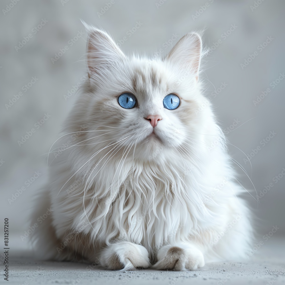 Fluffy white cat sitting on an isolated light grey background, looking directly at the camera with vivid blue eyes, ample space for text Fluffy white cat sitting on an isolated light grey background, looking directly at the camera with vivid blue eyes, ample space for text