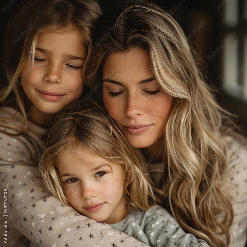 The scene of a loving woman hugging her child while crying at night looks sad. their emotional connection through facial expressions and body language. Mother's Day The scene of a loving woman hugging her child while crying at night looks sad. their emotional connection through facial expressions and body language. Mother's Day
