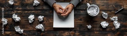 Frustrated writer crumpling paper, creative block, space for creative coaching and workshops