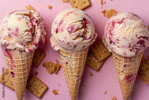 Strawberry cheesecake ice cream with graham cracker pieces on a pink background photo