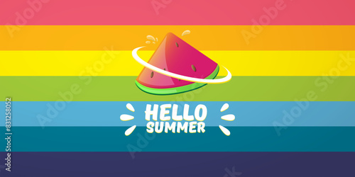 Vector Hello Summer Beach Party horizontal banner Design template with fresh watermelon slice isolated on rainbow background. Hello summer concept label or poster with fruit and typographic text.