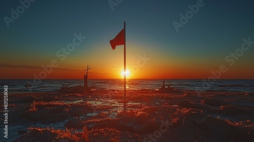 A flag at half-mast against a clear sky photo