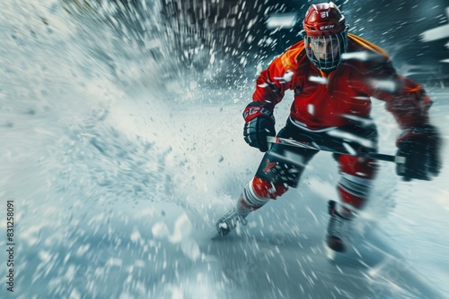 Wallpaper Mural Dynamic Shot of Hockey Player Making a Fast Break with Ice Flying Torontodigital.ca