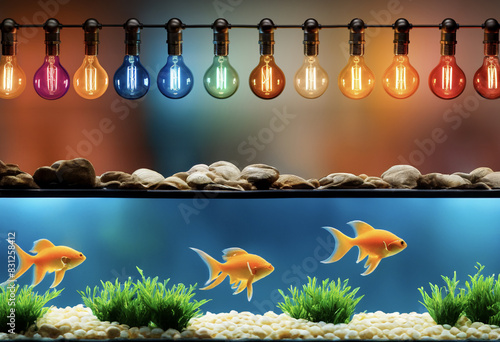 row of multicolor light bulbs on an aquarium with fish,energy and ideas,copy space for text photo