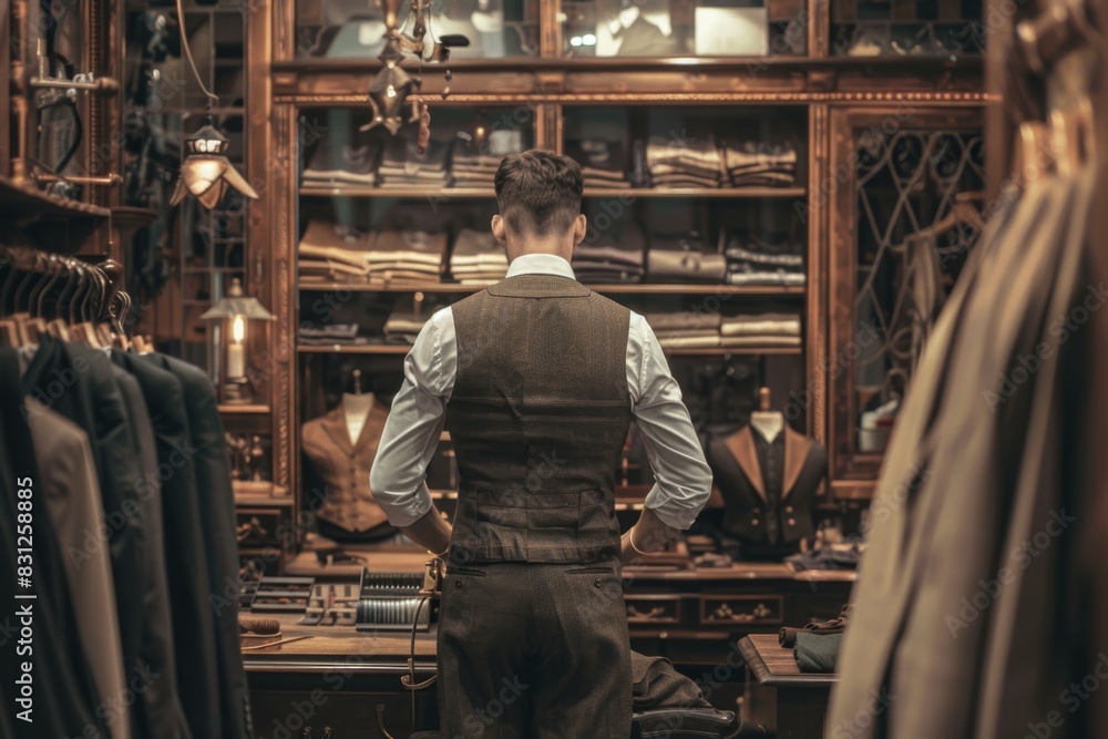 Tailor Measuring Client for Custom Suit in Elegant Bespoke Shop Tailor Measuring Client for Custom Suit in Elegant Bespoke Shop