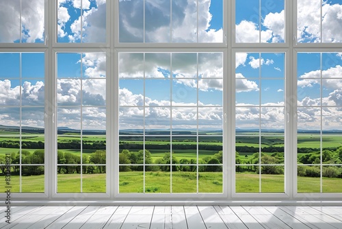 a large window with a view of a field and trees