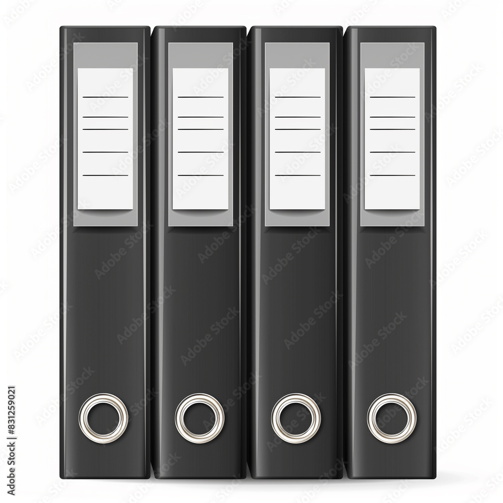 Four black office binders with labels for organizing files and documents in an orderly manner. Four black office binders with labels for organizing files and documents in an orderly manner.