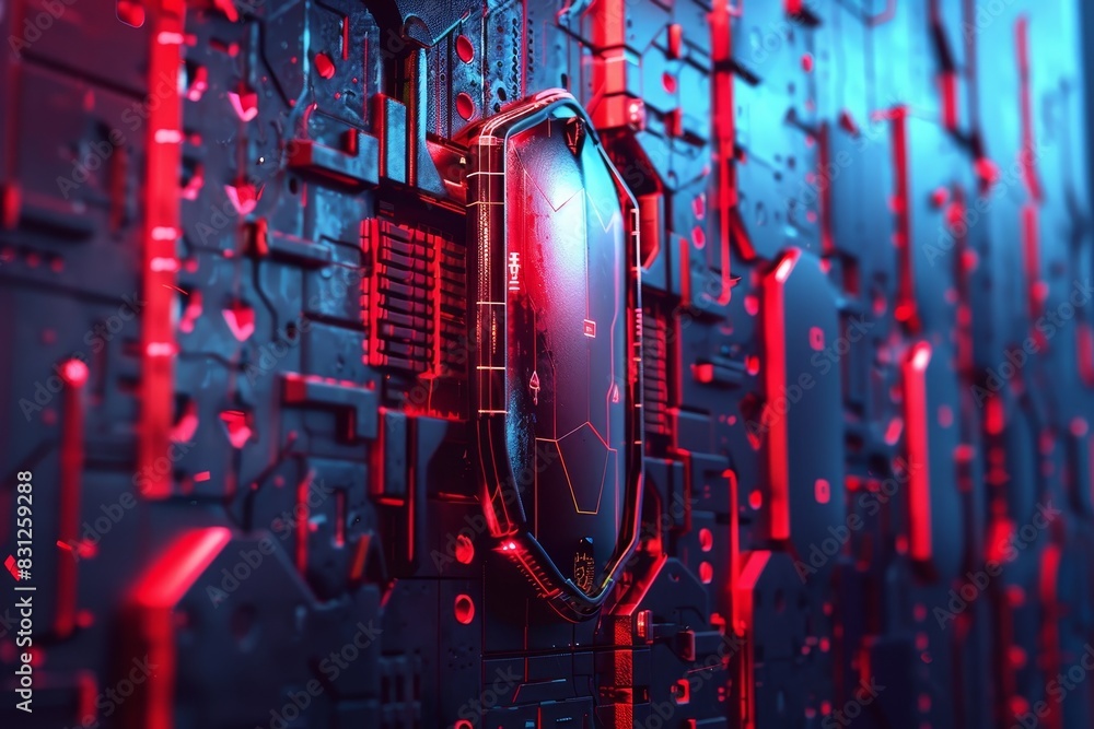 A hightech firewall with glowing digital defenses, front view, symbolizing cybersecurity, advanced tone, Triadic Color Scheme