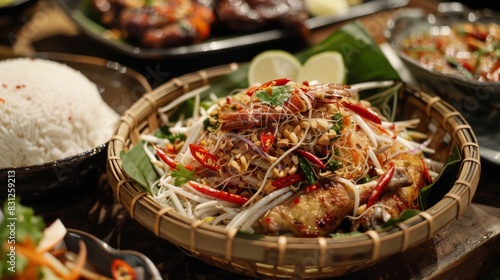 Traditional Thai som tam salad served in a woven basket  accompanied by sticky rice and grilled chicken  offering a delicious and satisfying meal