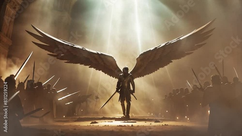 Angelic Being with Sword Surrounded by Enemies 4K features an A.I. generated video of an angelic being with wings outstretched holding a sword with hordes of enemies surrounding him holding weapons.