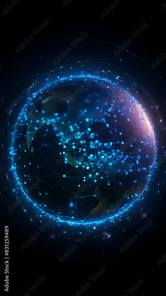 Abstract digital blue earth with glowing connections and lines on dark background Abstract digital blue earth with glowing connections and lines on dark background