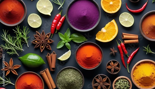 A top view of a colorful assortment of spices and herbs, including chili peppers, cinnamon sticks, star anise, basil, lime, and orange slices. Ideal for culinary, food, and health themes.. AI photo