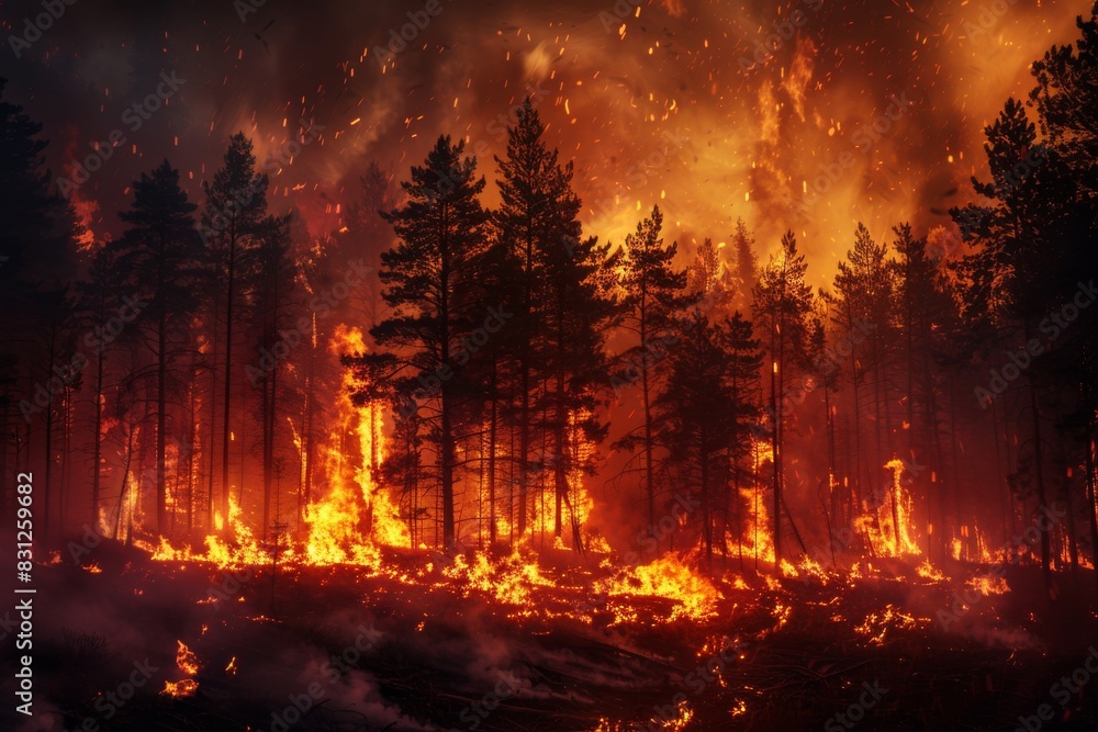 Fiery blaze devastates midnight woods as flames consume trees Fiery blaze devastates midnight woods as flames consume trees