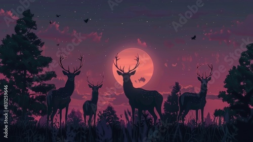 Image of a herd of deer at dusk flat design top view serene evening theme animation Triadic Color Scheme