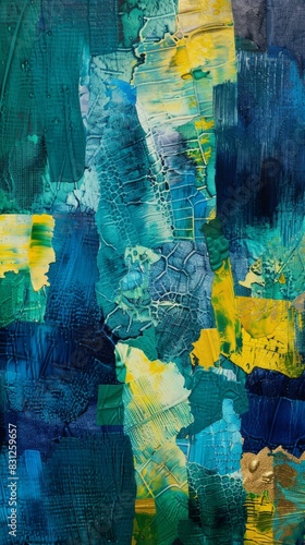 Close-up of a textured abstract painting with blue and yellow hues