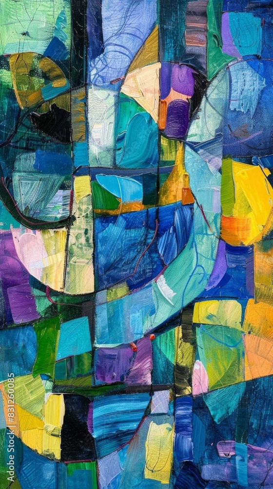 Close-up of a colorful abstract painting with dynamic textures and shapes Close-up of a colorful abstract painting with dynamic textures and shapes
