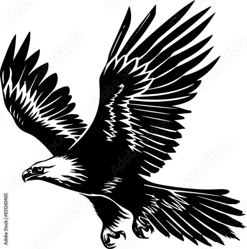 black and white eagle flying with open wings vector logo. AI generated illustration.