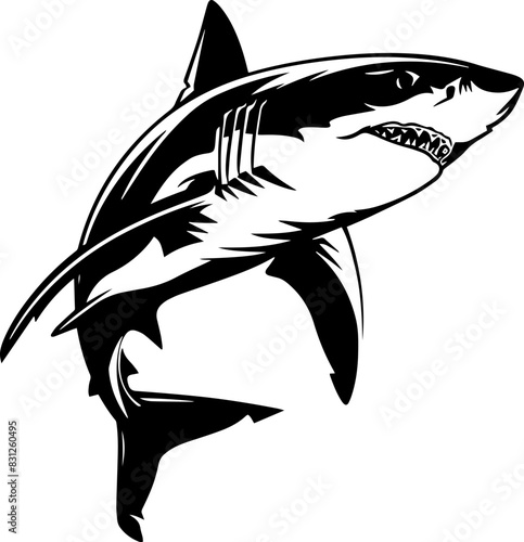 Graphical angry shark isolated on white,vector tattoo illustration. AI generated illustration.