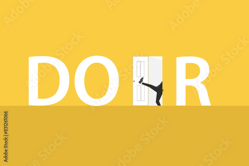 Businessman kicking door to open door on yellow background. Business and management. Way to success. Taking chances