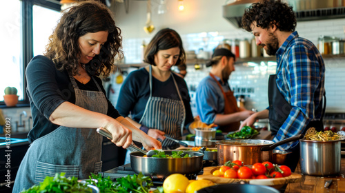 Group cooking class participants preparing food in modern kitchen together.