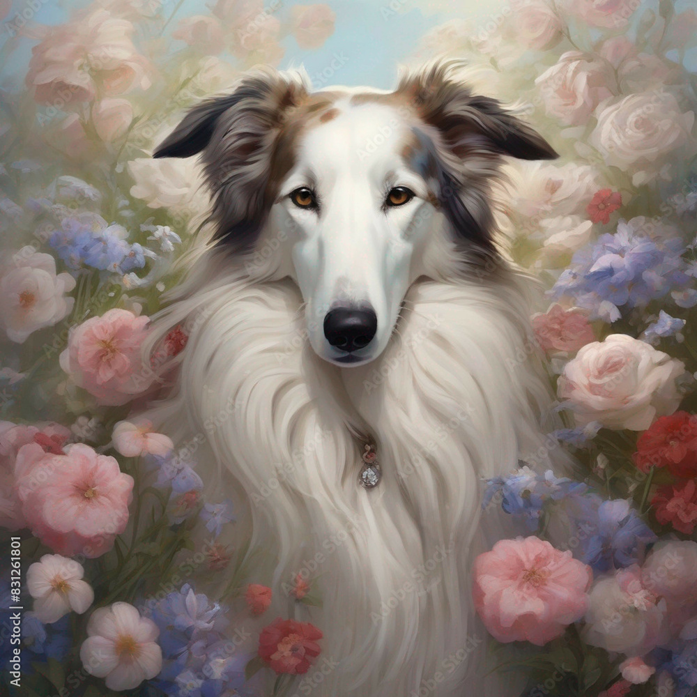 border collie puppy with flowers, painting of a dog surrounded by flowers border collie puppy with flowers, painting of a dog surrounded by flowers