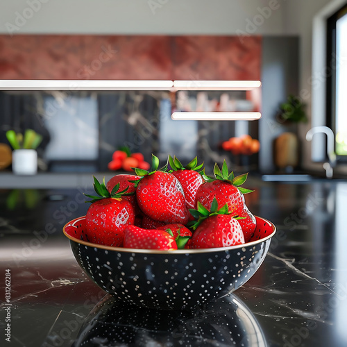 Bowl of strawberries on the table in a modern kitchen