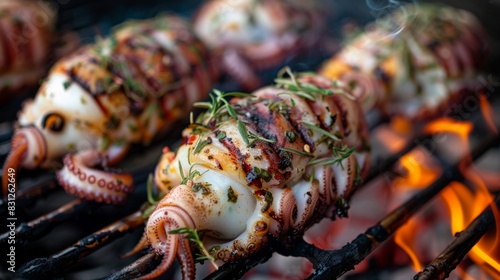 Whole squid stuffed with herbs and spices, grilling over charcoal flames, capturing the essence of outdoor barbecue cooking and seafood feasting
