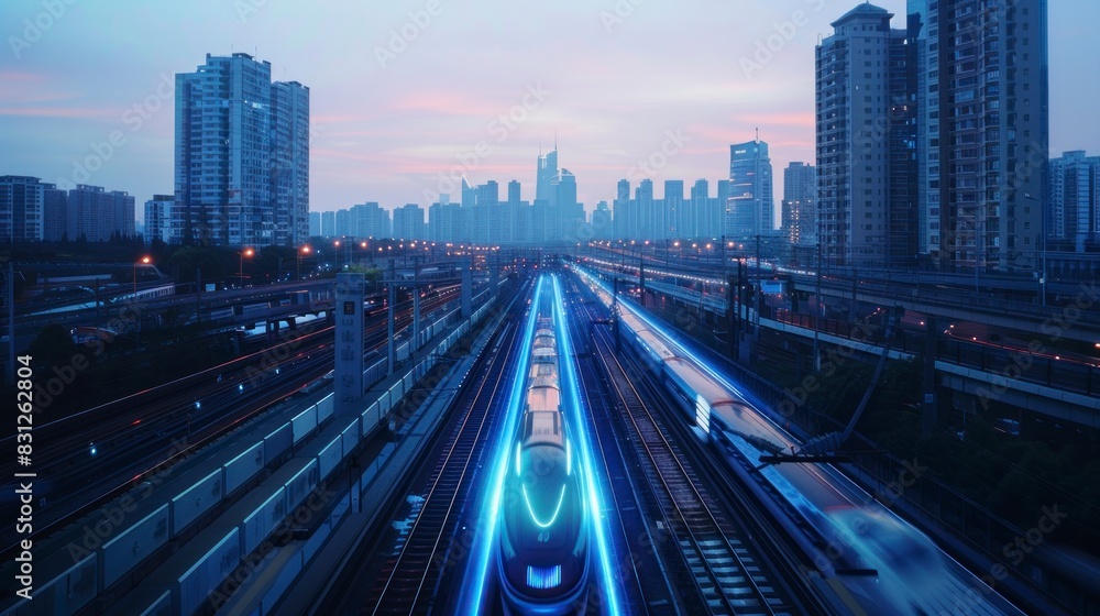 Obraz premium high speed train in a city with sweeping effect at night