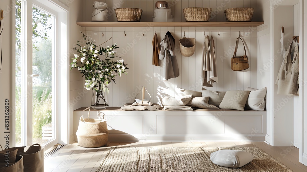 Scandinavian entrance hall with organized storage, natural light, clean lines, and cozy textiles Scandinavian entrance hall with organized storage, natural light, clean lines, and cozy textiles