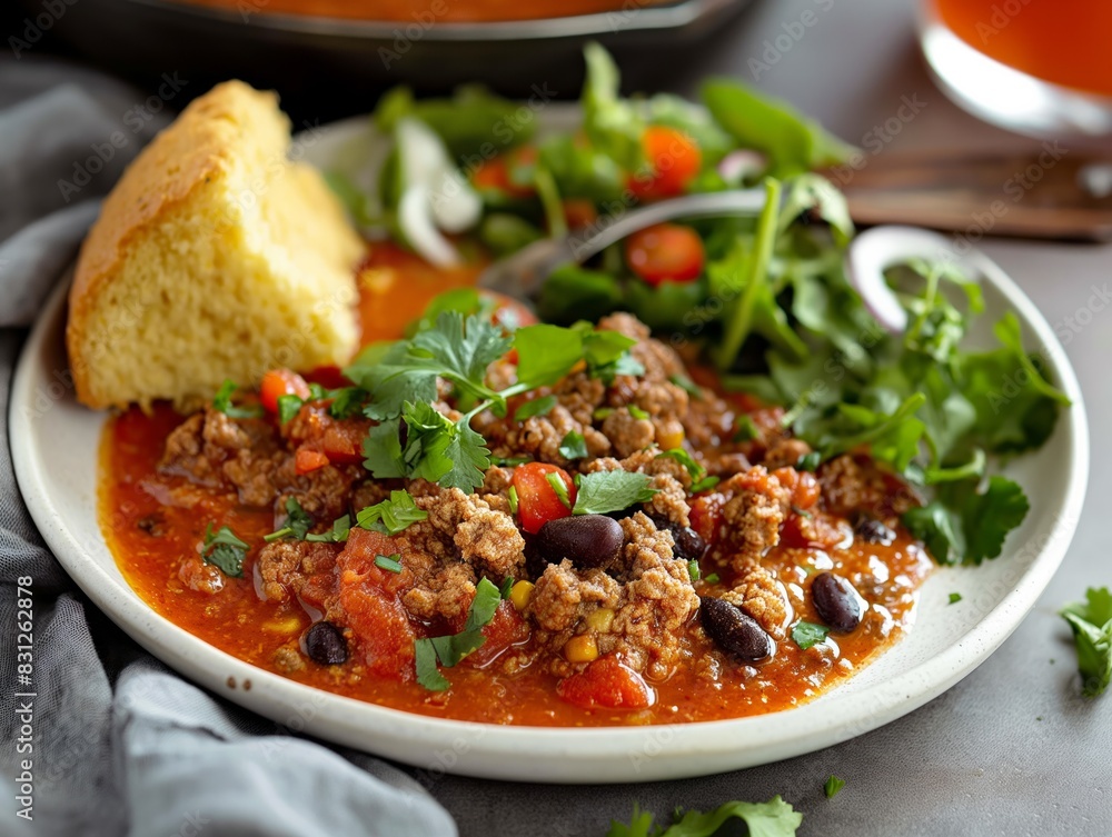 A plate of chili with a side of cornbread and a salad. The chili is red and has beans and tomatoes in it A plate of chili with a side of cornbread and a salad. The chili is red and has beans and tomatoes in it