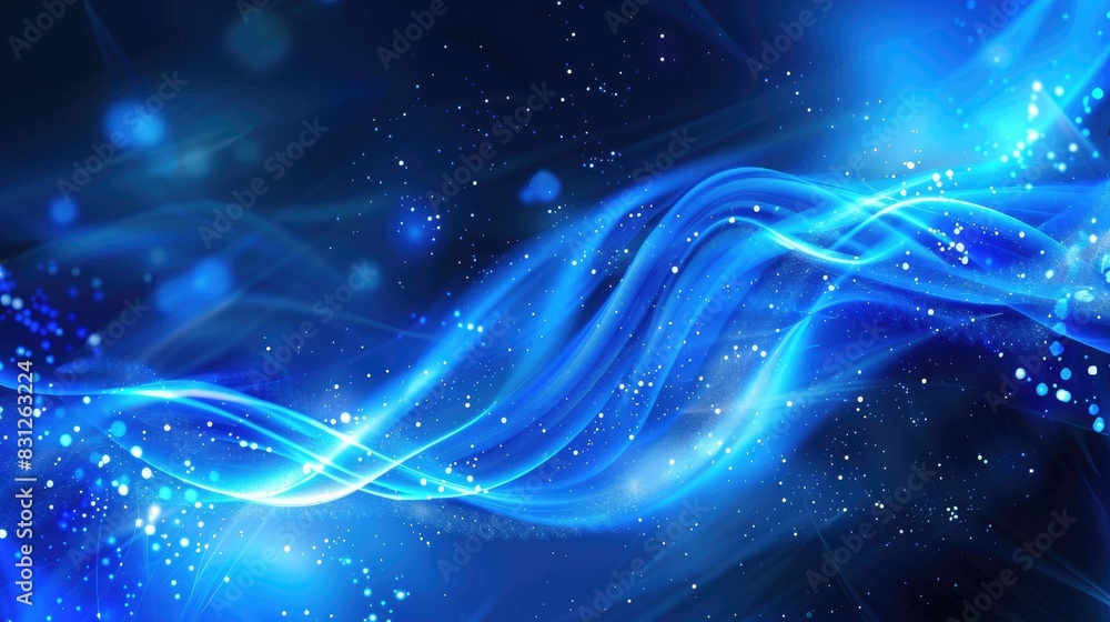 Fototapeta premium Blue particle curve background with a hi-tech, futuristic design, featuring glowing abstract lines and particles