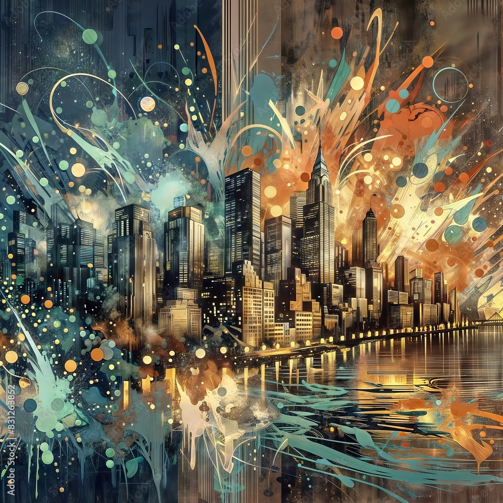 Naklejka premium Abstract cityscape at night with a river and colorful paint splatters, creating a vibrant urban scene.