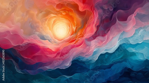Vibrant abstract background with swirling layers of red, blue, and orange hues