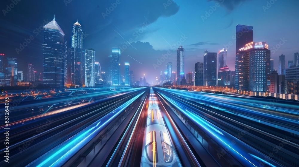 Obraz premium High-speed train in a city with a sweeping night effect in high resolution and high quality. futuristic concept