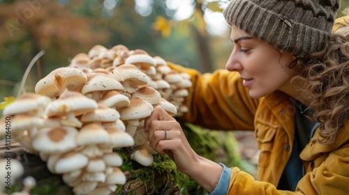 Woman admiring the growth of shimeji mushrooms on logs in her backyard garden, showcasing the ease and beauty of homegrown mushroom cultivation photo