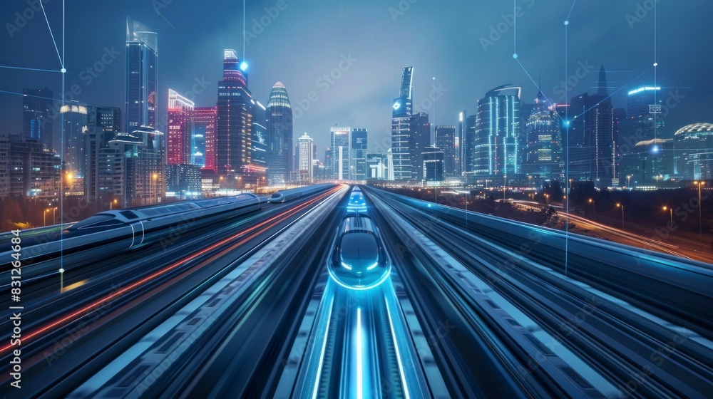 Fototapeta premium High-speed train in a city with a sweeping night effect in high resolution and high quality. futuristic concept, innovation, digital