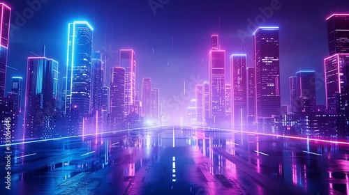 Futuristic cyberpunk cityscape illuminated by vibrant neon lights  featuring high-tech skyscraper buildings  advanced technology  and a bustling atmosphere representing a high-tech  dystopian future