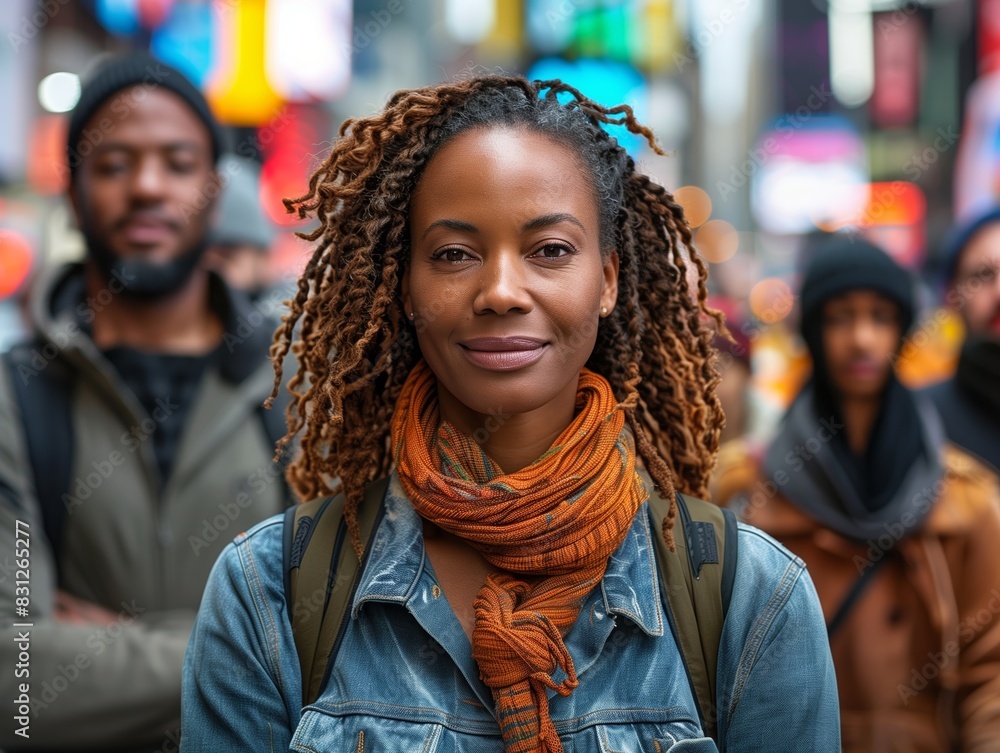 Woman in Warm Clothing Stands in Bustling Times Square During Winter Day Woman in Warm Clothing Stands in Bustling Times Square During Winter Day